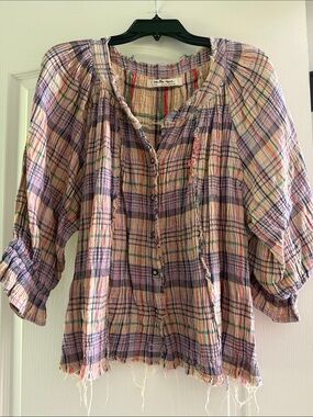 Free People Pastel Plaid Button-Front Boho Blouse
